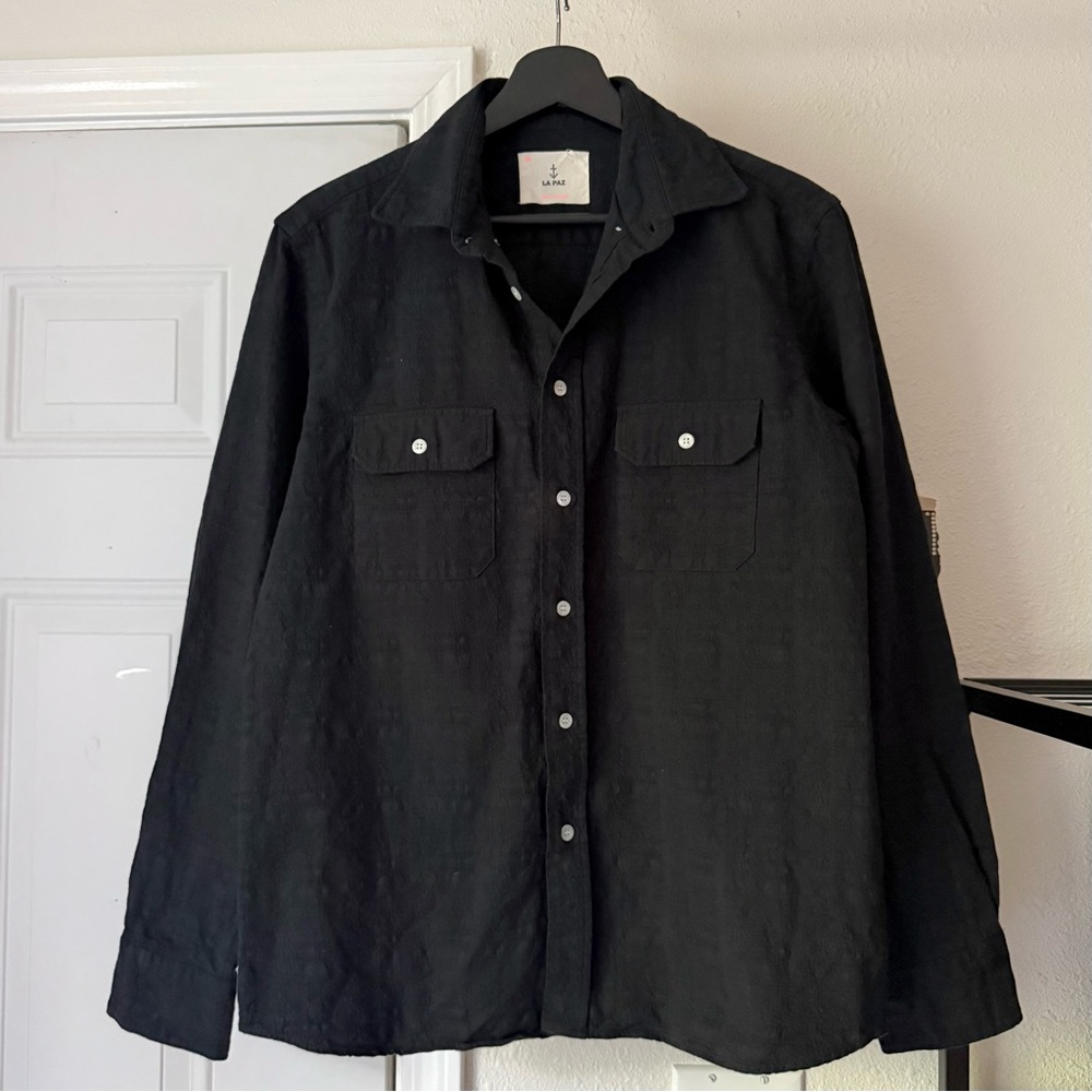 LA PAZ men’s black organic‎ cotton long sleeve button up shirt